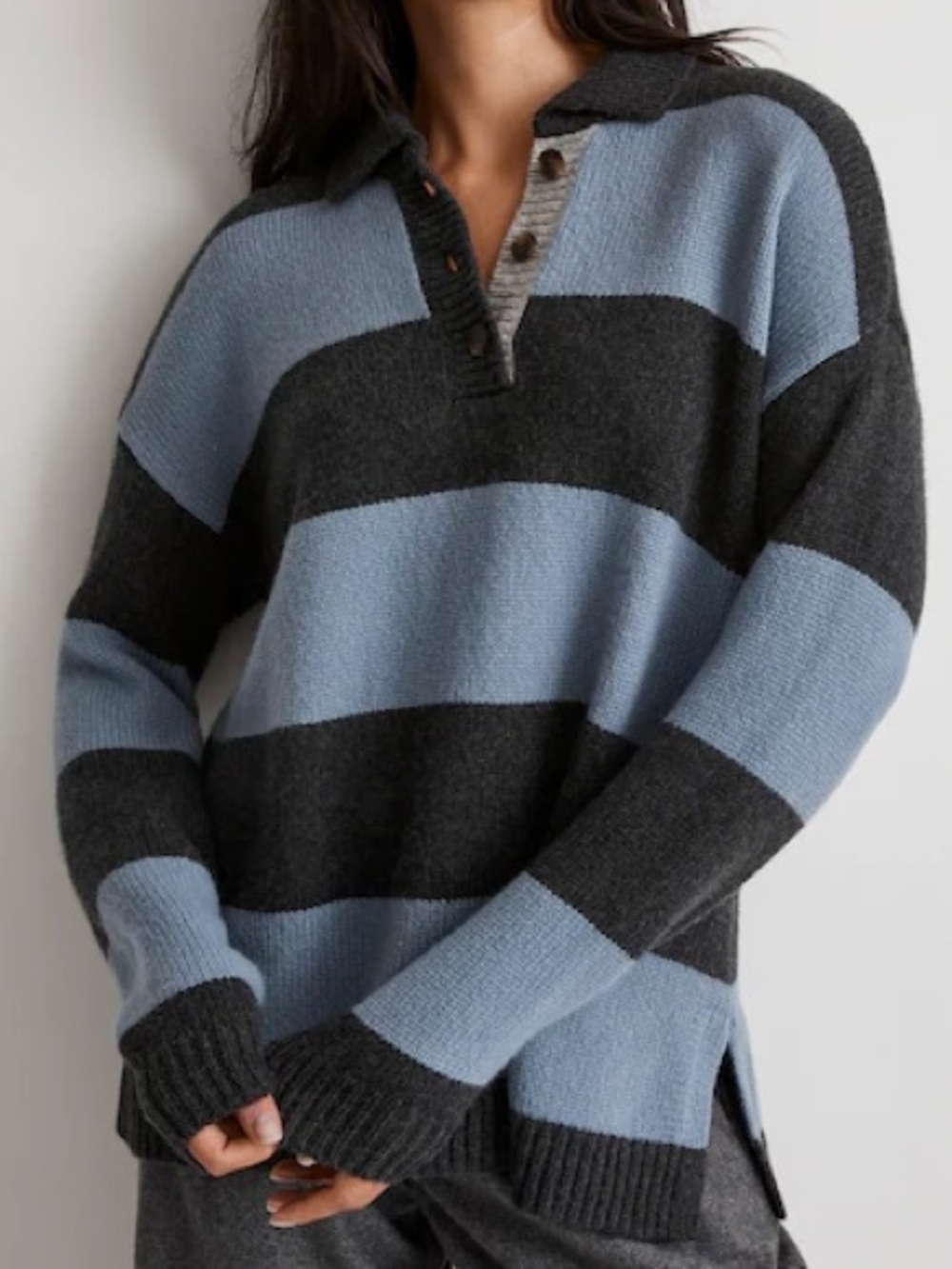 Madewell Rugby Striped Polo Collar Sweater Blue Charcoal Large Oversized Boxy